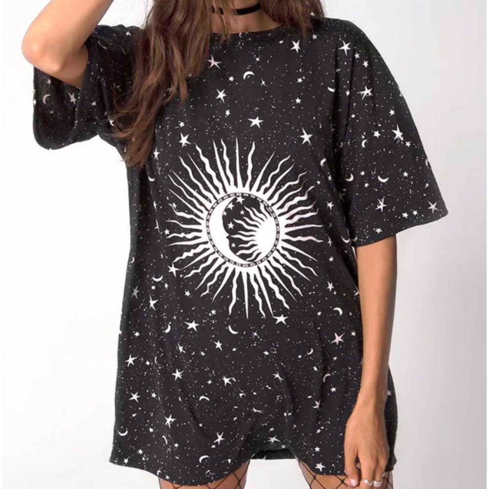 XL Motel Rocks T-shirt dress in “Black cosmos”